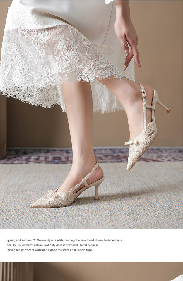 Sandal cao gót mũi nhọn bít mũi quai hậu thêu ren nơ, gót mảnh 6–8 cm — Màu be, màu đen chi tiết 7