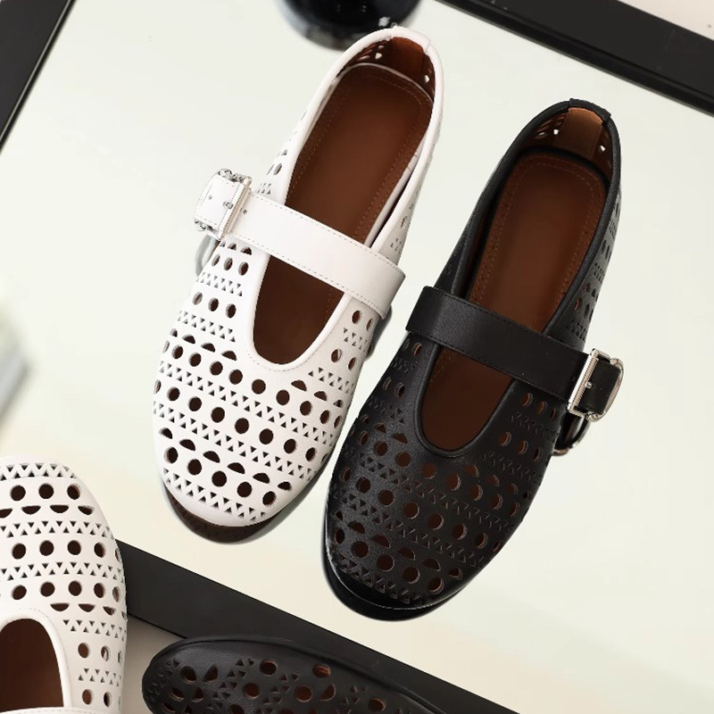 2025 새로운 스타일 중공 간단한 정품 가죽 메리 제인 여성 신발 플랫 바닥 할머니 신발 여성 원 라인 버클 스트랩 여성 신발