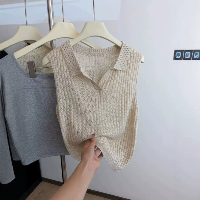 Korean-Style Gentle Style V-Neck Hollow-Out Knitted Vest for Women, Summer French-Style Loose Versatile Commuter Short Sleeveless Top