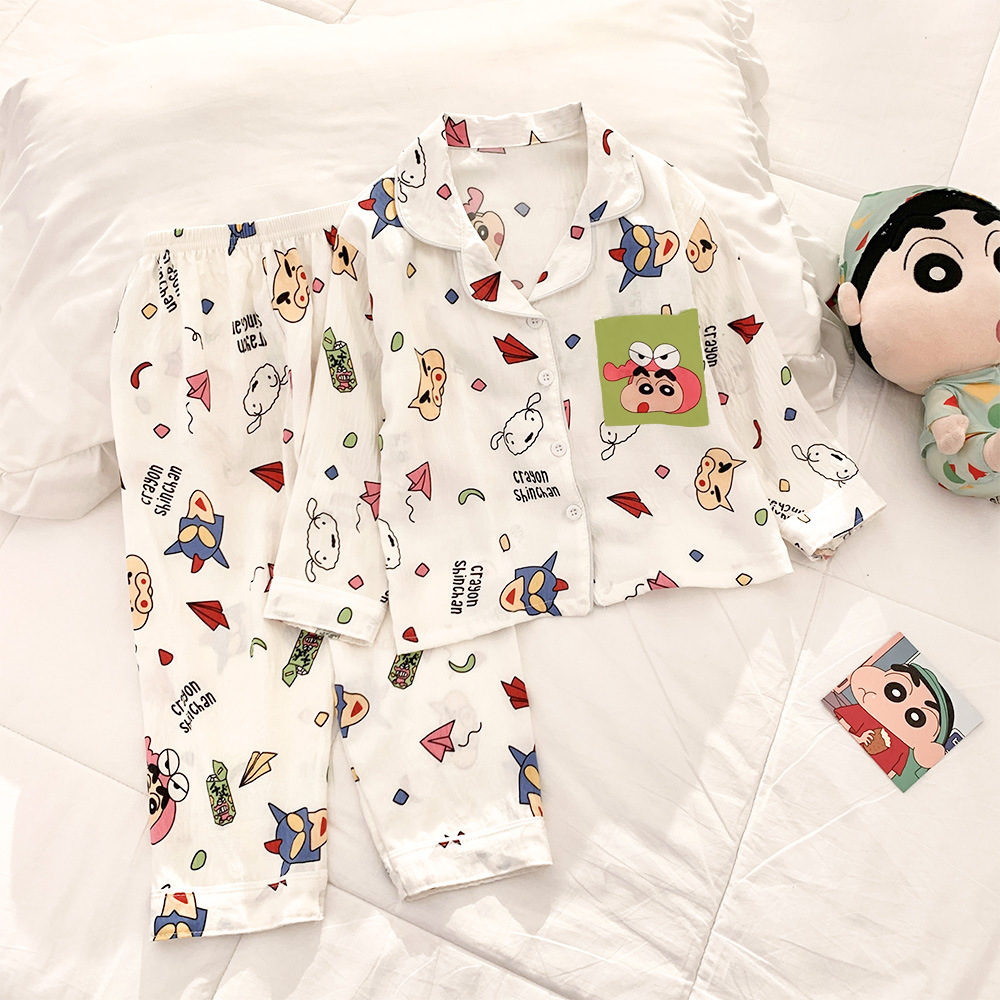 Cloud Cotton Pajamas Women's Long-Sleeved Pants Spring and Autum Crocodile Cartoon Thin Kidsren's Medium and Large Kidsren's Home Clothes Set