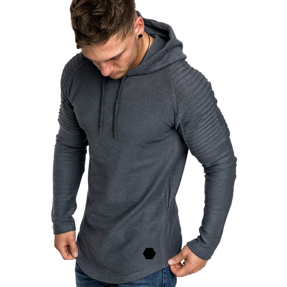 Men's Clothing Autumn and Winter New Round Neck Slim Fit Solid Color Hooded Long Sleeve Sweater Striped Pleated Raglan Sleeve Men's Clothing_voghion.com