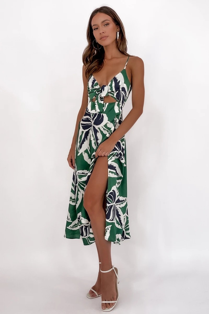 leaf print low-cut hollow lace-up slit sling long dress  NSCXY120942