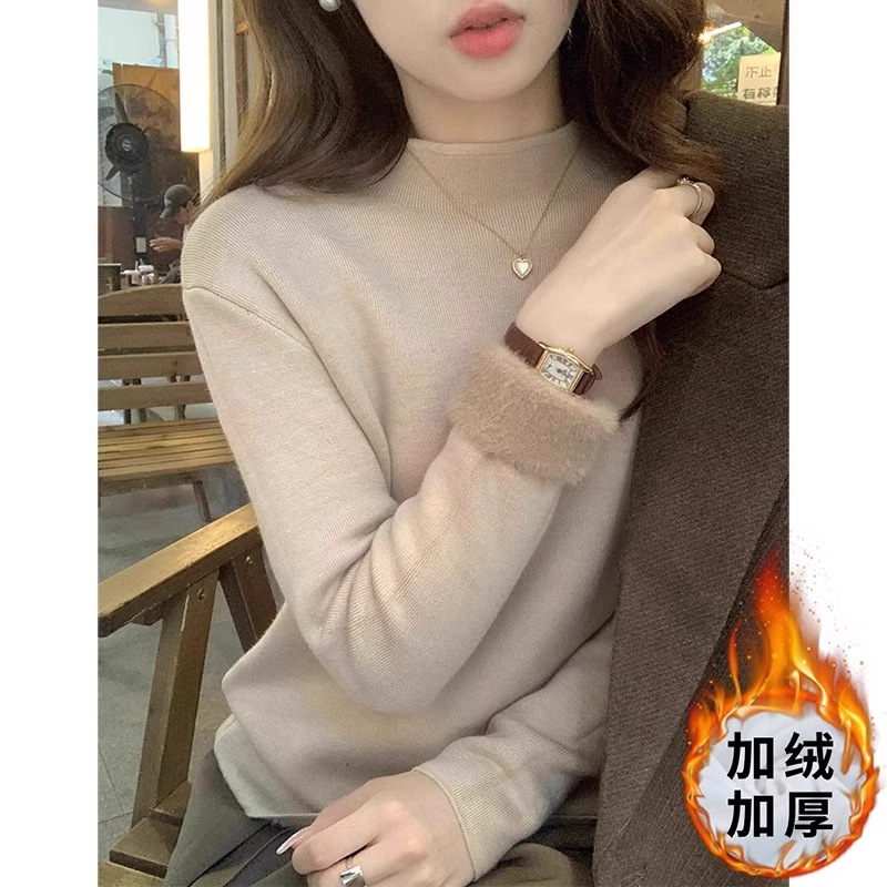 2025年冬季小立领加厚一体绒毛衣女内搭半高领软糯套头针织打底衫|undefined