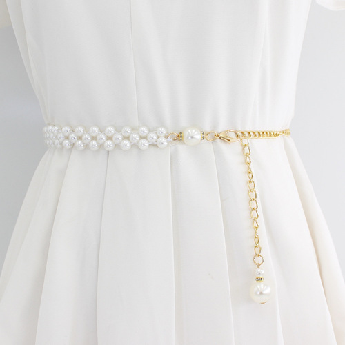 Pearl Belt Women's Decorative Dress Shirt Waist Cincher Elastic Slim Waist Seal Sweater Hanfu Adjusting Metal Belt