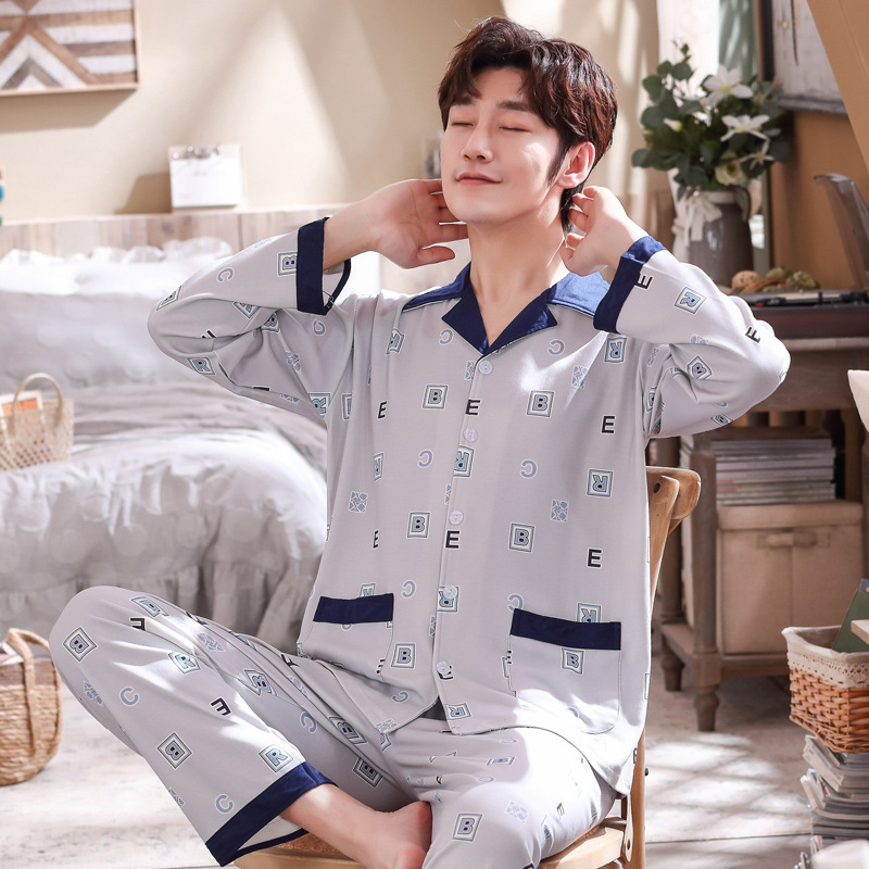 Pijamas de los hombres de manga larga de algodón de primavera y otoño delgada más el tamaño de prendas de vestir exteriores de los hombres pijamas de invierno homewear
