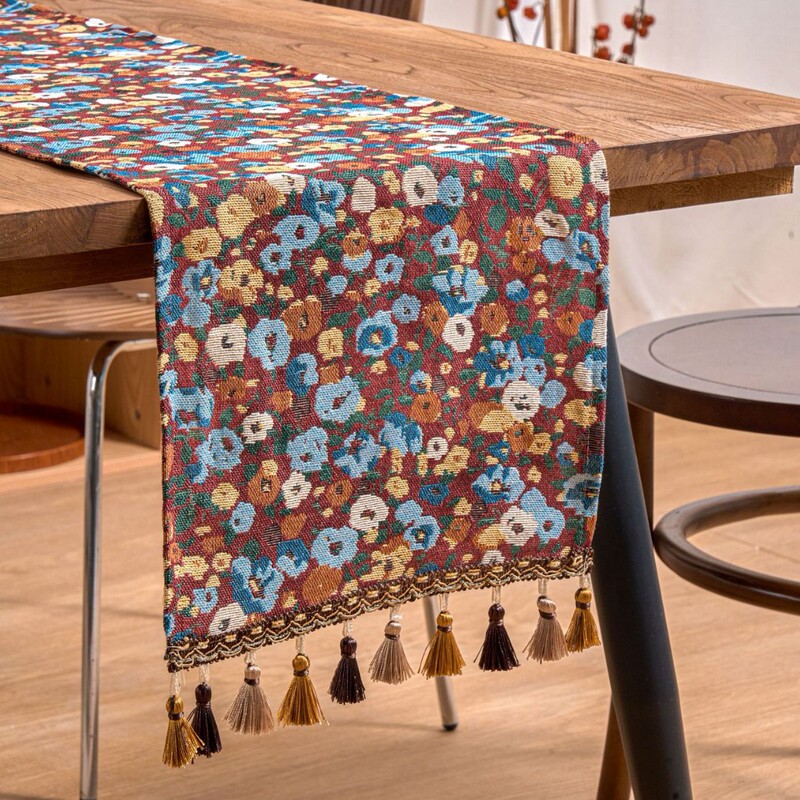 Chinese-Style Classical Red Jacquard Tassel Wedding Coffee Table Decoration Atmosphere Long Tea Flag