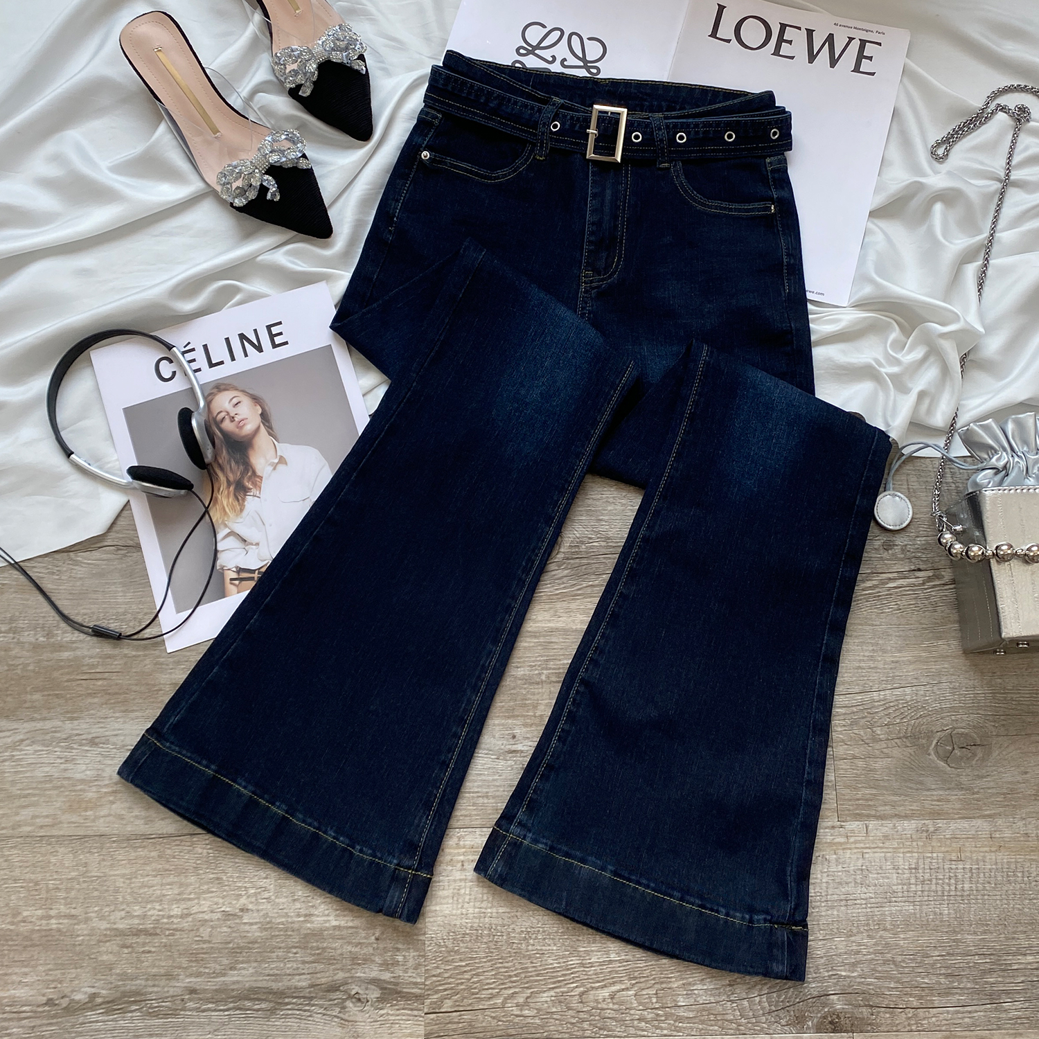 Dark Blue Bootcut Jeans for Women 2025 Autum New High-Waist Slim Stretch Slim Fit Bell-Bottom Pants for Small People