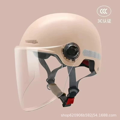 National Standard Electric Vehicle Helmet, Summer: Motosiklet kaskı (dəbilqə) - khaki-yellow-transparent-long-mirror-free-night-reflective-stickers-306