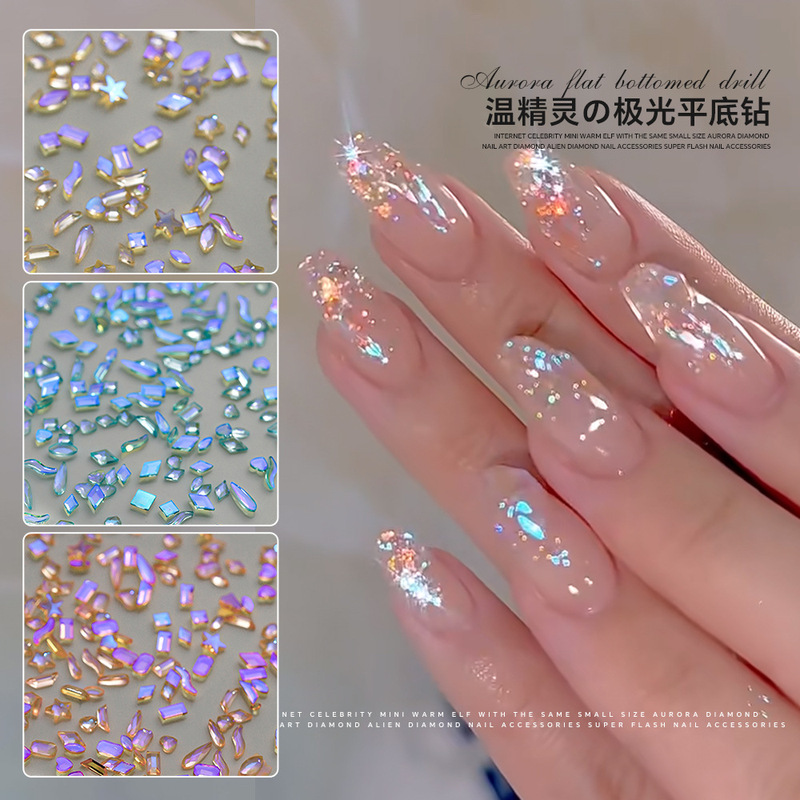 ミックスフラットボトムサーモンエルフ同スタイルネイルアートダイヤモンドネットセレブホットスタイルオーロラシンフォニー透明底特殊形状ダイヤモンドネイルアートデコレーション|undefined