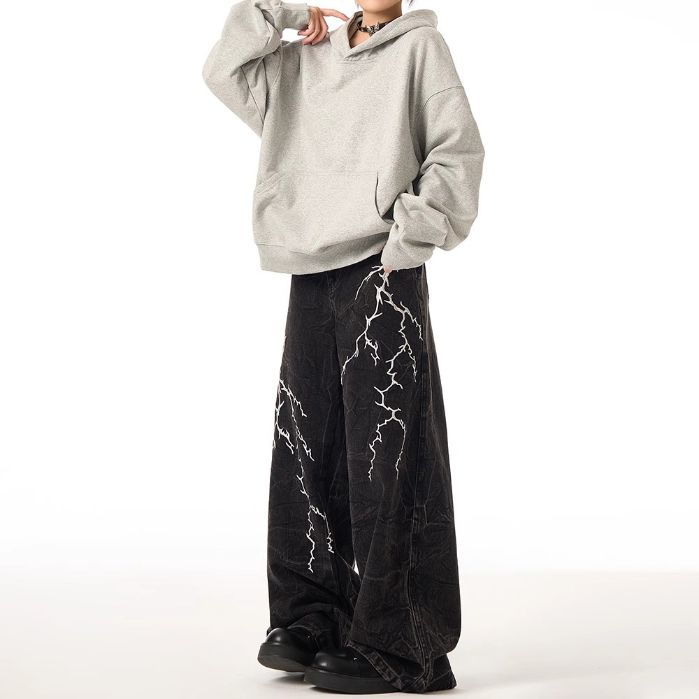 American retro lightning embroidered straight jeans for women in spring and autumn new loose straight hip-hop casual long trousers trendy