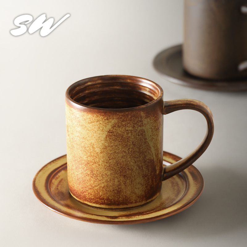 Retro Rustic Ceramic Coffee Cup and Saucer Set for Home Use, High Aesthetic Value, Large Capacity, Latte Breakfast Mug, Anti-Scald and Heat-Resistant Model Retro Rustic Ceramic Coffee Cup and Saucer Set for Home Use, High Aesthetic Value, Large Capacity, Latte Breakfast Mug, Anti-Scald and Heat-Resistant Model