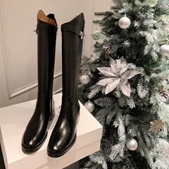 25 ラウンドトゥメタルバックル厚底英国風ファッション斜め口オーバーニーブーツ女性用秋冬サイドジッパーハイライダー