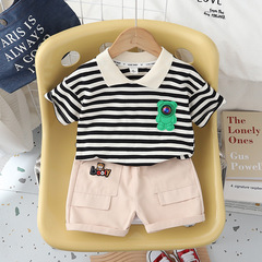 Factory wholesale two-piece set of new summer boy's round neck striped lit bear short-sleeved casual cotton five-pocket pants