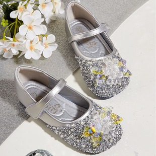 2024 Spring and Summer New Style Girls and Middle-Aged Children Flats-Soled Diamond Rhinestones Princess Elsa Leather Shoes Crystal Shoes Performance Princess Style