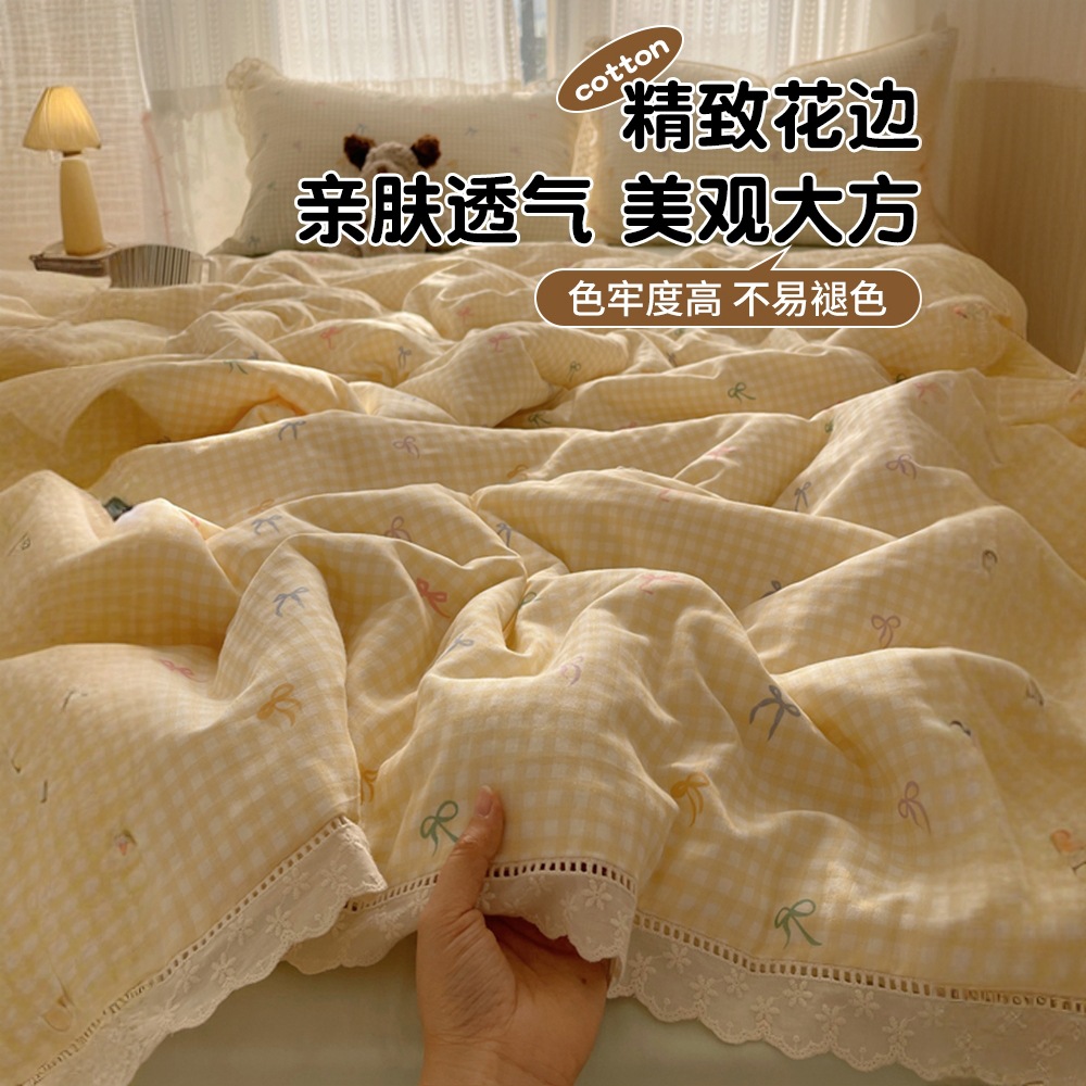 Juego de cuatro piezas de cama de edredón de verano de algodón lavado al aire princesa 2025 nuevo traje de tres piezas de ropa de cama de encaje hueco