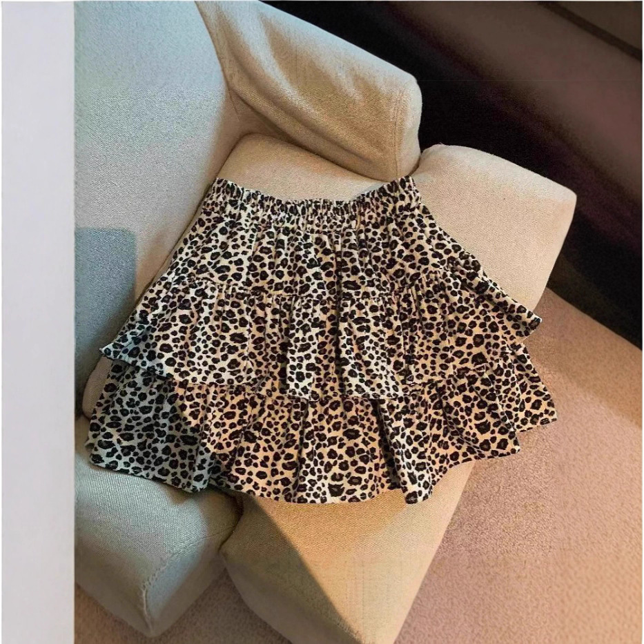 Leopard Print Spring, Autumn and Winter New Style Hot Girl Ruffled A-Line Cake Pleated Skirt Sweet Elastic Waist Puffy Short Skirt
