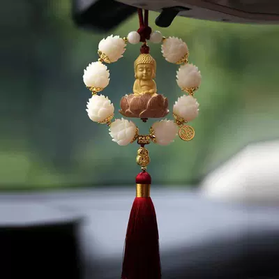 Bodhi Car Ornament Boxwood – Car hanging - single-circle-golden-gourd-little-buddha-wine-red