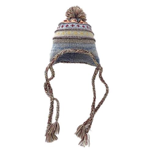Nationally Inspired Striped Patchwork Retro Knit Wool Hat for Women, Long Braid, Winter Warmth Ear Protection, Lei Feng Hat, Makes Face Look Smaller