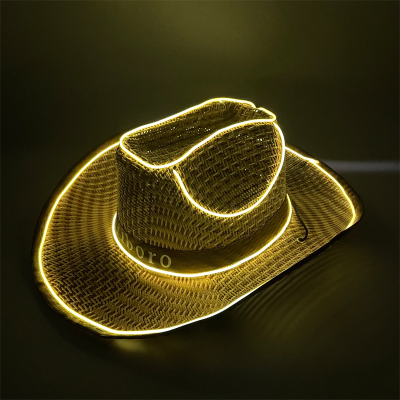 #614-3 3V无线款-草帽发光牛仔帽（翘沿卡其）（黄色）