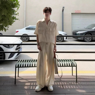 Thin set, shirt, trousers, with short sleeve, loose straight fit