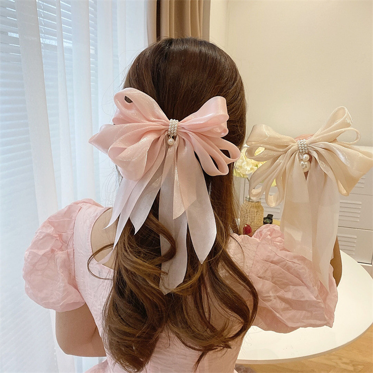 Hair Clip Hair Accessories Type Sweet Bow Knot Cloth Organza Inlay Artificial Pearls Hair Clip 1 Piece