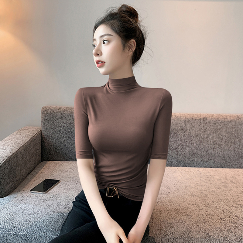 Half Turtleneck Bottoming Shirt for Women 2025 New Spring & Fall Inner Tight-Fitting Brown Mid-Sleeve Top with Three-Quarter Sleeves Thin