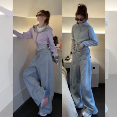灰色休闲运动套装女士春秋设计感两面穿连帽卫衣高腰阔腿裤两件套
