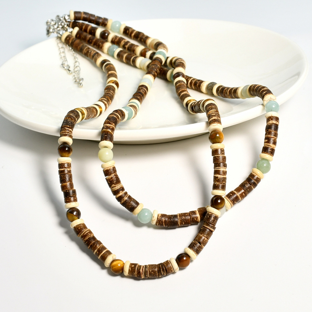 Collana in pietra occhio di tigre di alta qualità, versatile, resistente allo sbiadimento, per uomo, con perline di guscio di cocco in stile vacanza_voghion.com