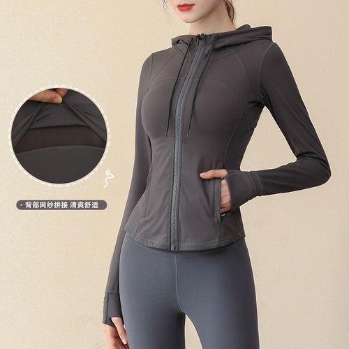 Cross-border elastic waist tight fitness yoga wear hooded long-sleeved running cardigan tight top new for autumn and winter