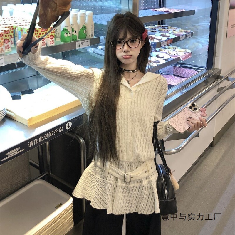 Gentle Sweet Girl Style Long-Sleeved Hooded Cut Out T-Shirt Women's Spring Waist Slimming Look Off-White Top Chenille