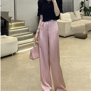 In-Stock Pink Acetate Satin Casual Wide-Leg Suit Pants for Women, Summer Style, Super Stylish, Drapey Straight-Leg Floor-Length Trousers
