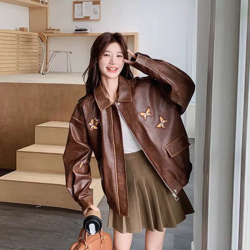 复古美拉德棕色皮衣外套女2025秋季新款蝴蝶刺绣甜酷高级感皮夹克