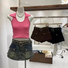 新しいレトロなアメリカ式の大きいポケットのデニムの半ズボンのスカートの同じ仕事の服のジーパンの女性の春の夏