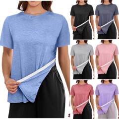 欧米のアマゾンの女性の半袖のtシャツの側の縫い目の調節のボタンの丸首のカジュアルでゆったりしている上着