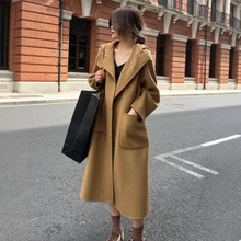 羊绒新款外套高端小个子宽松慵懒连帽羊毛大衣女中长款双面呢大衣