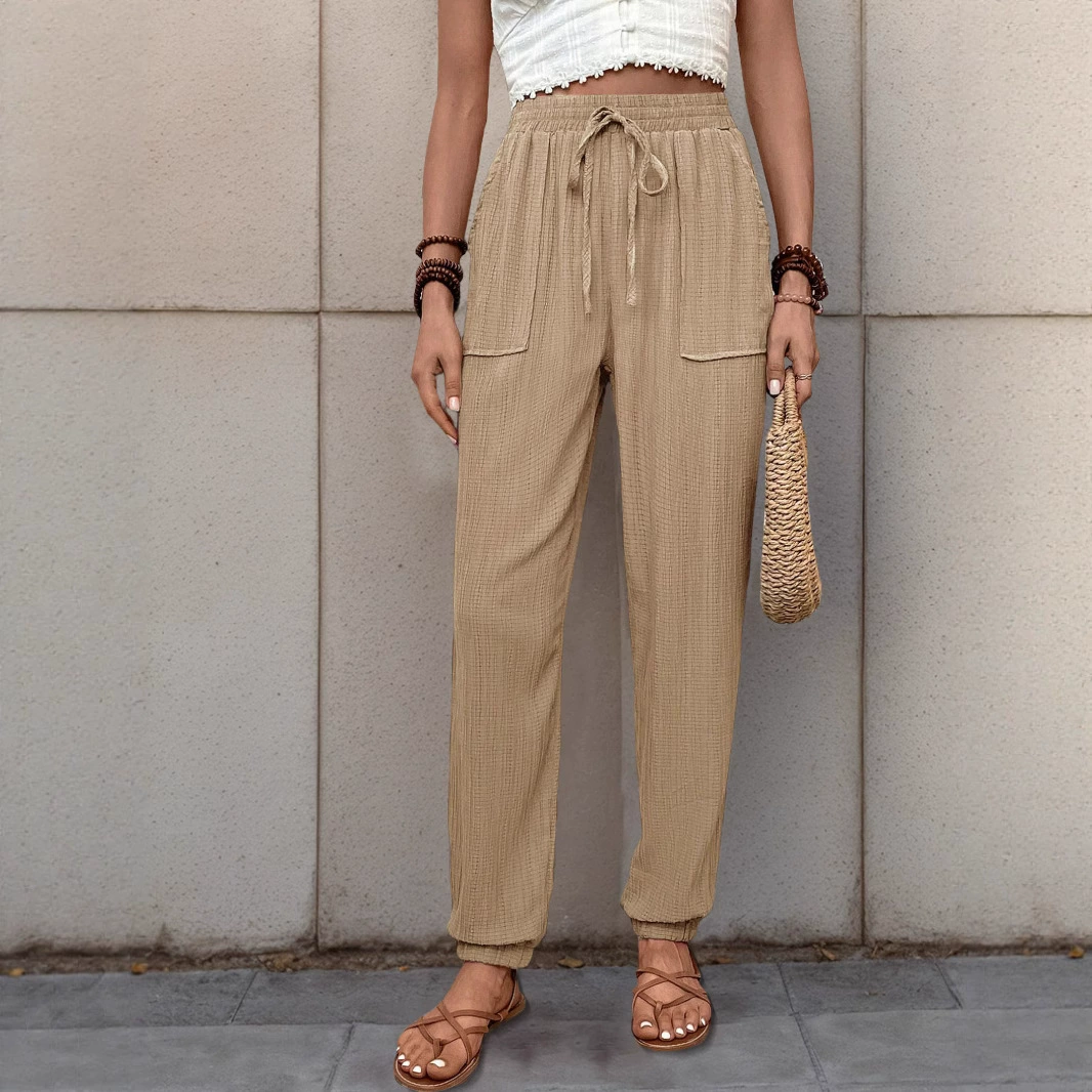 Amazon Independent Station Внешняя торговля 2025 Новые европейские и американские летние женские брюки с текстурой однотонные повседневные