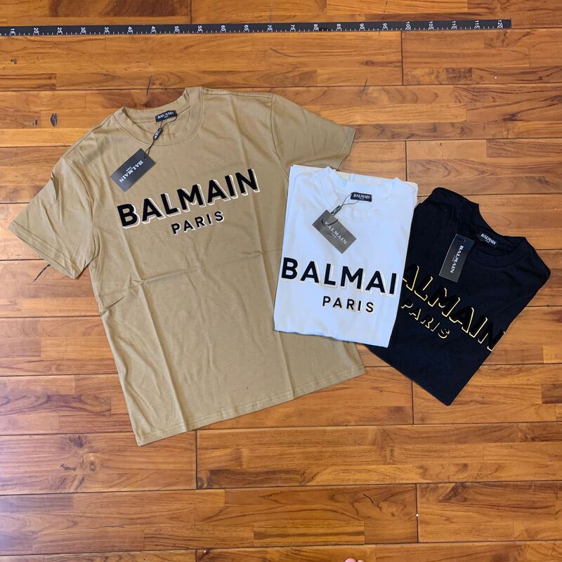 Actual Shot of 2024Ss Spring and Summer New Balmain Balmain Short-Sleeved Shoulder Gold Buckle Hot Stamping Letters Cotton T-Shirt