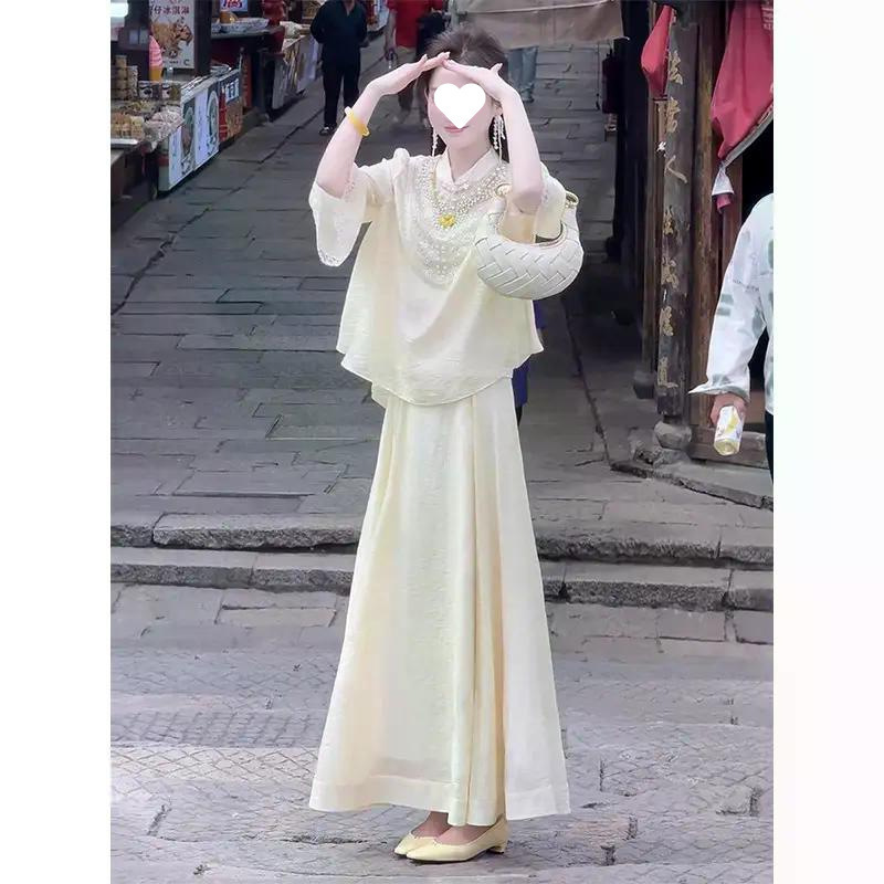 プラスサイズの太ったmmの新しい中国風のクールなヘビービーズのトップスとスカートの美しいスーツの夏服のセット|undefined