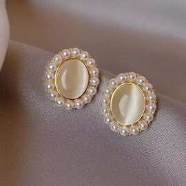 猫眼石珍珠耳钉女小众设计感耳环2024新款轻奢高级感耳饰