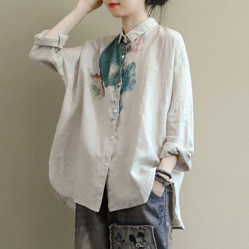 Japanese and Korean Export Last Order Brand Cut Label Women's Printed Ramie Shirt Women's Long-sleeved Linen Casual Cotton and Linen Top