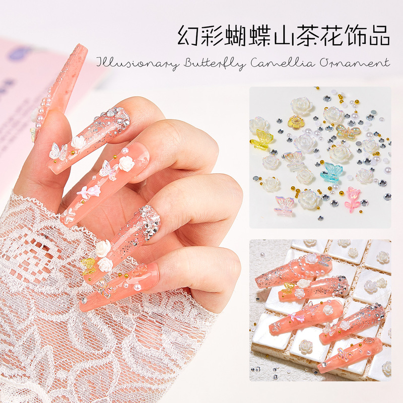Cyber red camellia manicure jewelry wholesale pearl diamond butterfly resin aurora rose nail stereo accessories Cyber red camellia manicure jewelry wholesale pearl diamond butterfly resin aurora rose nail stereo accessories