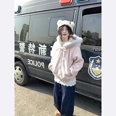 2025春秋新款温柔甜美粉色毛领连帽毛呢外套女韩系学院风卫衣夹克