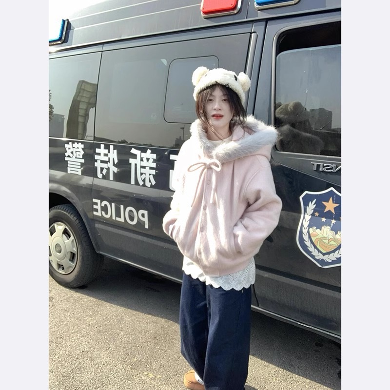 2025春秋新款温柔甜美粉色毛领连帽毛呢外套女韩系学院风卫衣夹克|undefined
