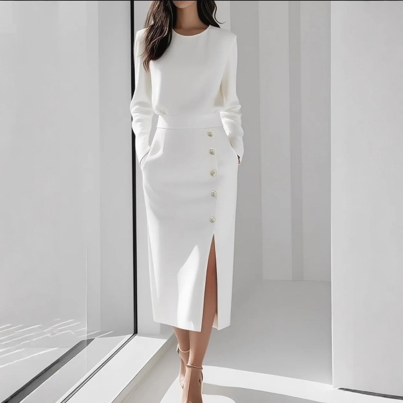 European and American Cross-Border Long-Sleeve Solid Color Round Neck Waist-Cinching Button-Decorated Slit Dress for Women, Fall 2026