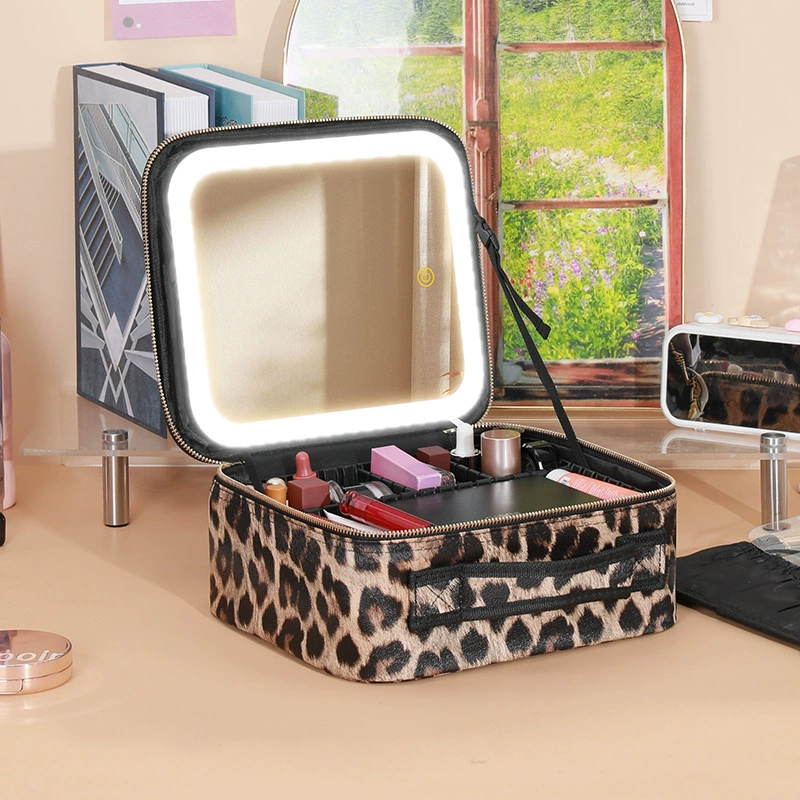 Table storage box with light, mirror, handheld cosmetic bag, purse, organizer bag