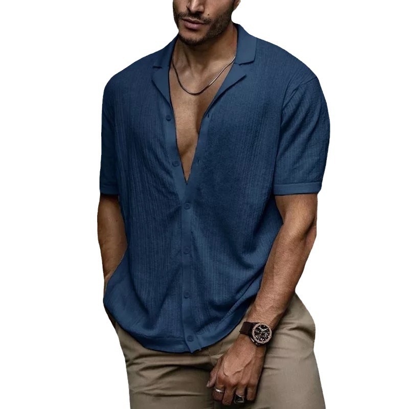 Los hombres europeos y americanos del verano nuevo comercio exterior Amazon casual cardigan de punto manga corta color sólido camiseta BK0010