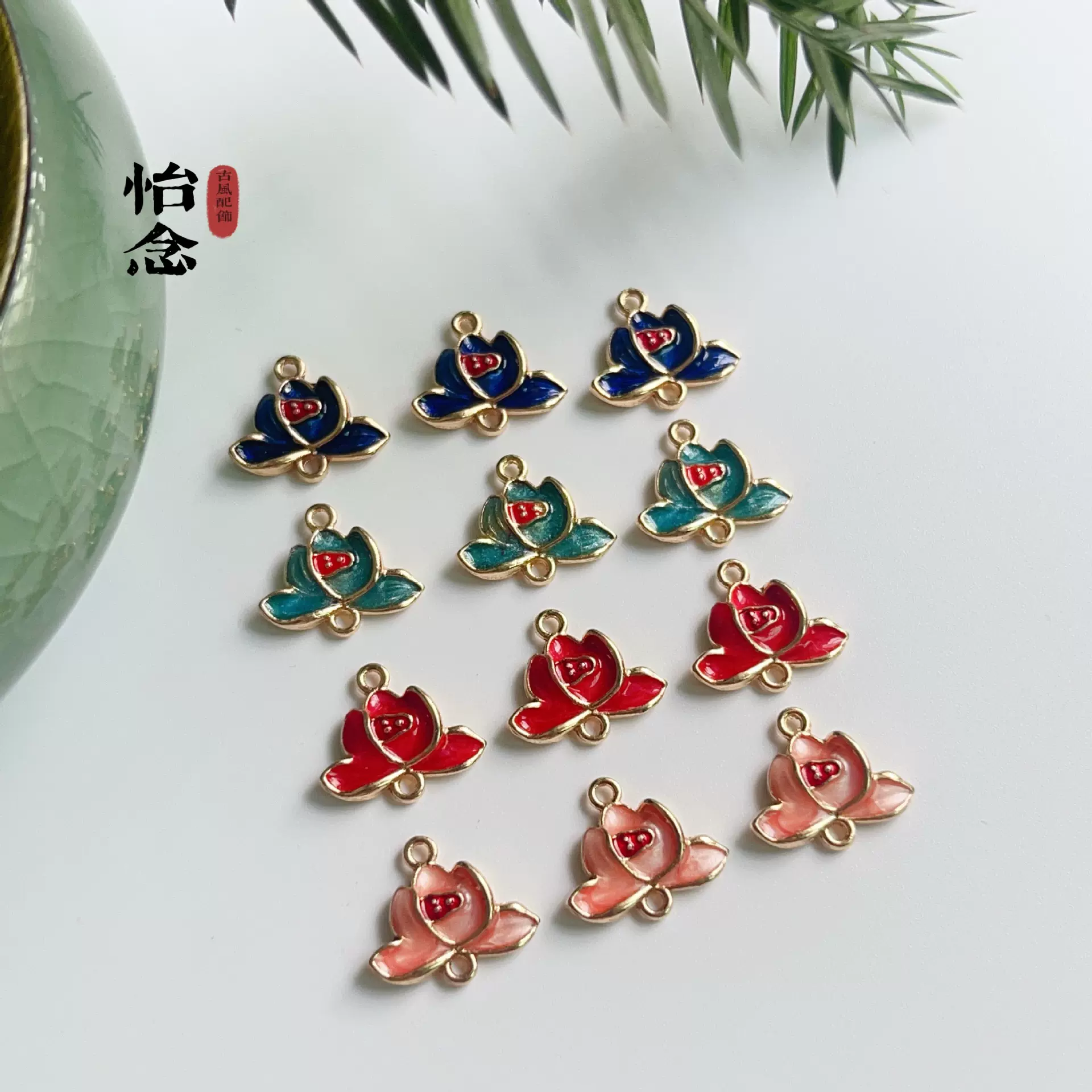 合金仿烧蓝滴油小荷花双孔吊牌古风diy配饰汉服发簪流苏连接材料