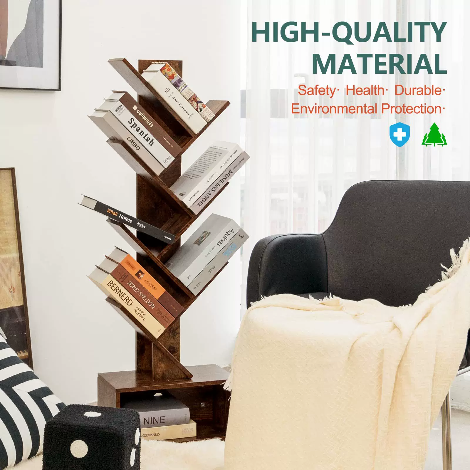 跨境木质树形书架置物架复古落地书柜客厅收纳架家用多层书柜