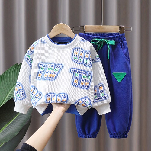 Spring and autumn boys' suits, autumn suits for older children, long-sleeved fake two-piece sweatshirts, casual pants, western-style sportswear two-piece sets