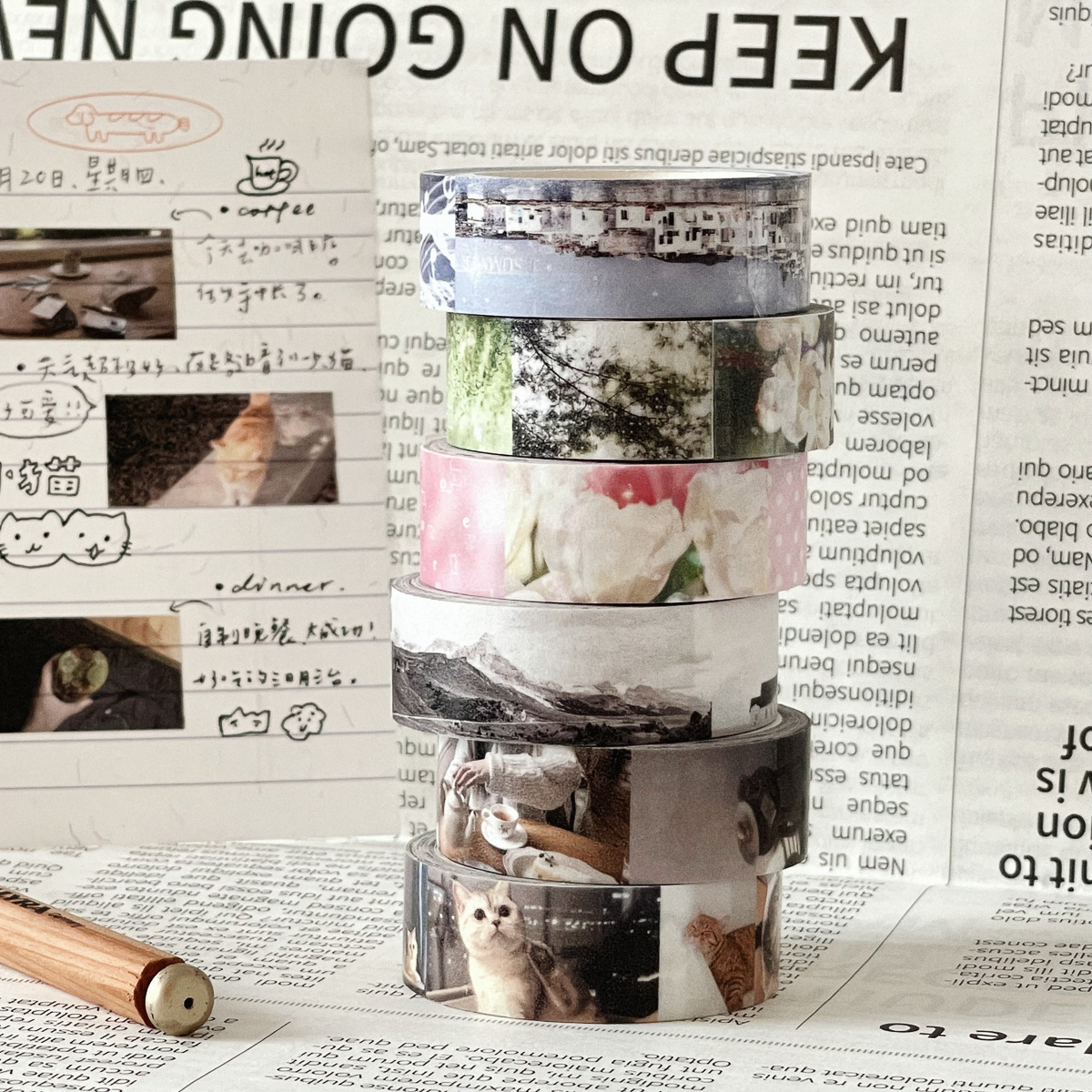 Real shot of landscape cat washi tape, perfect for scrapbooking, journaling, and photo album decoration